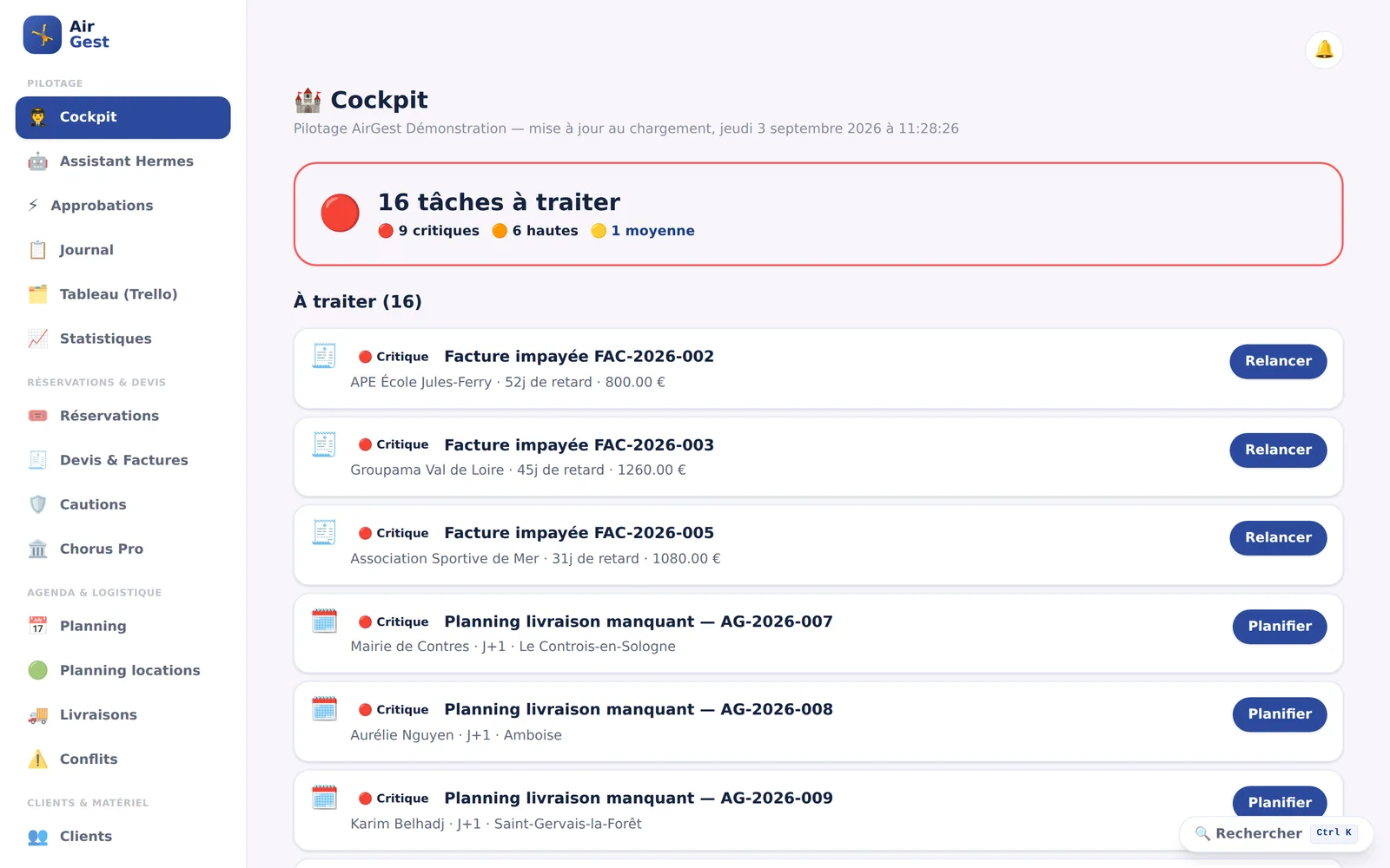 Écran d'accueil d'AirGest : une liste de tâches à traiter, chacune avec un bouton d'action — trois factures impayées à relancer, trois livraisons à planifier.